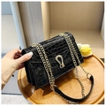 Elegant black crocodile embossed chain shoulder bag with a gold U-shaped metal buckle - Black