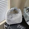 Light gray faux fur handbag with a ruched leather handle and stylish square tag - Gray