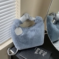 Fog blue faux fur handbag with grey ruched cloud handles and plush texture - Blue