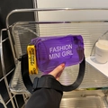 Purple transparent PVC mini square bag with yellow strap and wide nylon shoulder strap - Purple