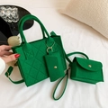 Three-piece green felt handbag set with quilted patterns and golden hardware - Three-Piece Set / Green