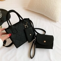 Three-piece black felt tote bag set with quilted pattern and chain detail on white fabric - Three-Piece Set / Black