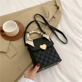 Black checkered square bag with golden heart buckle and floral silk scarf handle - Black