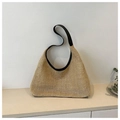 Fashionable woven straw shoulder bag in beige with black leather straps and trim - Black