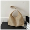 Minimalist beige woven straw tote bag with large capacity and shoulder strap - Khaki