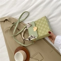 Light green checkered crossbody bag with golden heart clasp and decorative silk scarf - Green