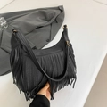 Bolso media luna negro con flecos y correa ajustable de cuero de estilo bohemio - Negro