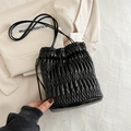 Fashionable black pleated bucket bag with drawstring closure and slim shoulder strap - Black