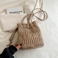 Chic cream pleated drawstring bucket bag with fine diamond quilting and slim shoulder straps - Khaki