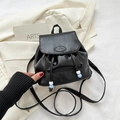 Fashionable black leather backpack for women with drawstring and beaded details - Black