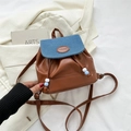 French-style mini backpack in brown faux leather with blue denim texture flap design - Brown & Blue