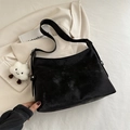 Minimalist black hobo shoulder bag with matte texture and white cloud plush keychain - Black Without Pendant