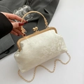 Chique crèmewitte vintage handtas met bloemborduursel, gouden handvat en kettingriem - Wit