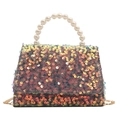 Sparkly multicolored sequin mini party bag with elegant faux pearl handle and gold chain strap - Gold