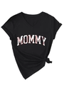 Detail of V-neck cotton T-shirt with MOMMY baseball print and stylish knot hem design - S / Black