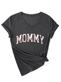 Detail of grey V-neck T-shirt showing MOMMY print with baseball stitch texture and side knot - S / Charcoal Grey