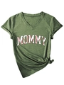 Detail of army green V-neck T-shirt with MOMMY baseball stitch print and knotted hem - S / Army Green