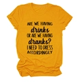 Detail of yellow cotton T-shirt featuring black 'ARE WE HAVING DRINKS' slogan print - Mustard Yellow (Black Font)