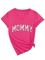 Close-up of fuchsia V-neck T-shirt with mommy baseball print and side knot detail - S / Rose Pink