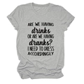 Close-up of grey crew neck T-shirt with black drink slogan print and fabric texture - Light Gray (Black Font)