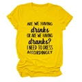 Detail of yellow cotton t-shirt with 'ARE WE HAVING DRINKS' slogan text print - Yellow (Black Font)