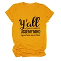 Detail of soft mustard yellow crew neck T-shirt featuring black slogan print texture - S / Mustard Yellow (Black Text)