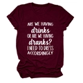 Close-up of funny white text printed on a burgundy cotton crewneck short sleeve t-shirt - Wine Red (White Font)