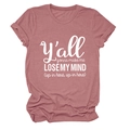 Detail of mauve crew neck t-shirt featuring white letter print and soft cotton texture - Rose Gold (White Font)