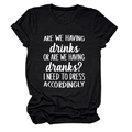 Detail of black cotton T-shirt featuring 'ARE WE HAVING DRINKS' funny text print - Black (White Font)