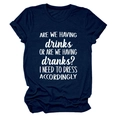Detail of navy blue cotton T-shirt featuring 'Are we having drinks' printed slogan - Navy Blue (White Font)