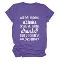Detail of purple cotton blend t-shirt with Are We Having Drinks letter printing - Purple (White Font)