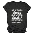 Detail of grey crewneck T-shirt with white humor text print about having drinks - Dark Heather Grey (White Font)