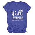 Women's crew neck short sleeve T-shirt in heather blue with white graphic letter print - Retro Blue (White Font)