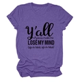 Détail du t-shirt violet chiné avec l'impression du slogan noir Y'all Gonna Make Me - Violet (Texte Noir)