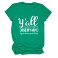 Detail of green cotton crew neck t-shirt with white artistic letter print on white background - Dark Green (White Font)