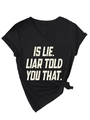 Detail of black V-neck T-shirt featuring a distressed slogan print and knotted hem design - Black