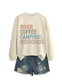 Detail of cream sweatshirt with RIVER COFFEE letters and distressed denim shorts - Sand
