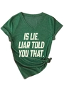 Detail of dark green V-neck T-shirt with white slogan print and side knot detail - Vintage Green