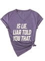Purple V-neck T-shirt with white slogan print and stylish decorative front knot detail - Purple