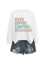 Flat lay detail of a white graphic sweatshirt with River Coffee Camping text and denim shorts - White
