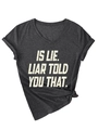 Close-up of charcoal V-neck T-shirt with white slogan print and rolled sleeve detail - Black Heather Grey