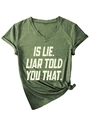 Detail of V-neck dark green heather T-shirt featuring white slogan and front hem knot - Olive Green