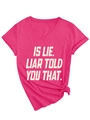 Hot pink V-neck T-shirt with white text print and front knot detail on white background - Rose Red