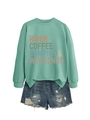 Close-up of River Coffee Camping print on a mint green sweatshirt with ribbed collar - Light Green