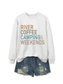 Flat lay of gray river coffee camping sweatshirt paired with blue ripped denim shorts - Off-White