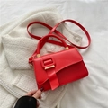 Vibrant red minimalist shoulder bag with large square buckle and top handle - Red
