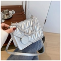 Silver quilted crossbody bag with chunky chain strap and metallic fashion buckle decor - Silver