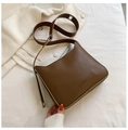 Minimalist brown leather shoulder bag with adjustable strap and silver metal hardware - Dark Brown