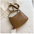Brown minimalist leather tote bag with adjustable wide shoulder strap and brand logo - Tan