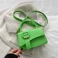 Neon green faux leather crossbody bag with gold hardware and square buckle design - Green